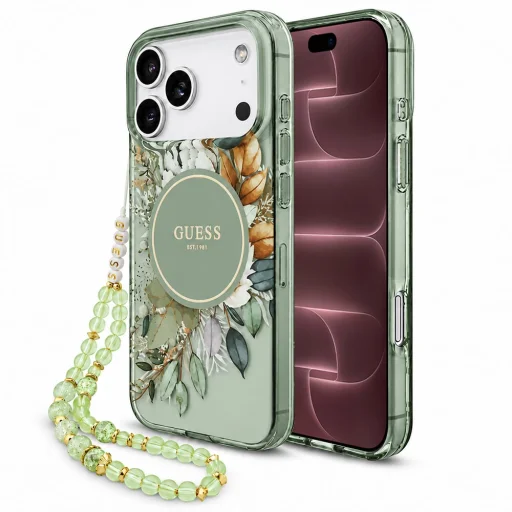  iPhone 18 Pro Max / iPhone 17 Pro Max zöld Guess IML virágmintás, gyöngypántos MagSafe tok - 1