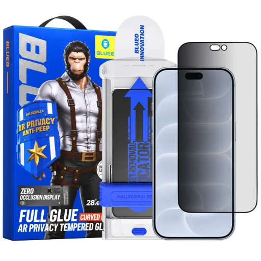  iPhone 18 Pro fekete Blueo AR 3D ívelt betekintésgátló kijelzővédő üvegfólia felhelyezővel - 1