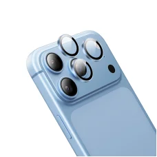  iPhone 18 Pro és iPhone 18 Pro Max Borofone BF14 3D fémkeretes edzettüveg-kameralencsevédő, világoskék