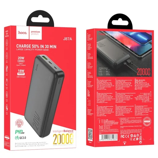 HOCO J87A Tracker 20 000 mAh külső akkumulátor, PD, QC3.0, 20 W, 3 A, fekete - 6