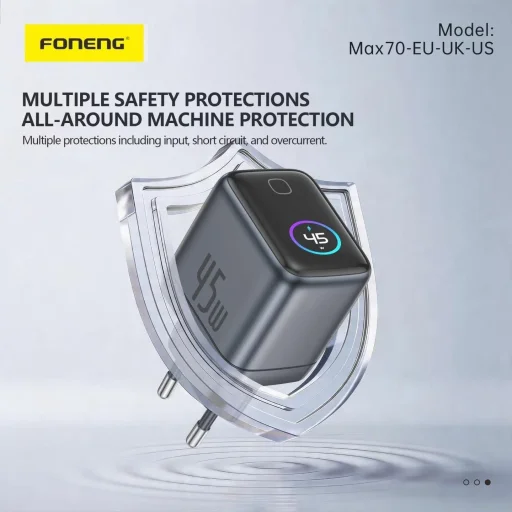 FONENG MAX70-EU GaN PD 45 W-os hálózati töltő TFT-kijelzővel és USB-C–USB-C kábellel, fekete - 3