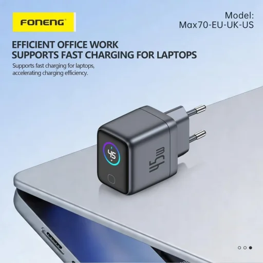 FONENG MAX70-EU GaN PD 45 W-os hálózati töltő TFT-kijelzővel és USB-C–USB-C kábellel, fekete - 4