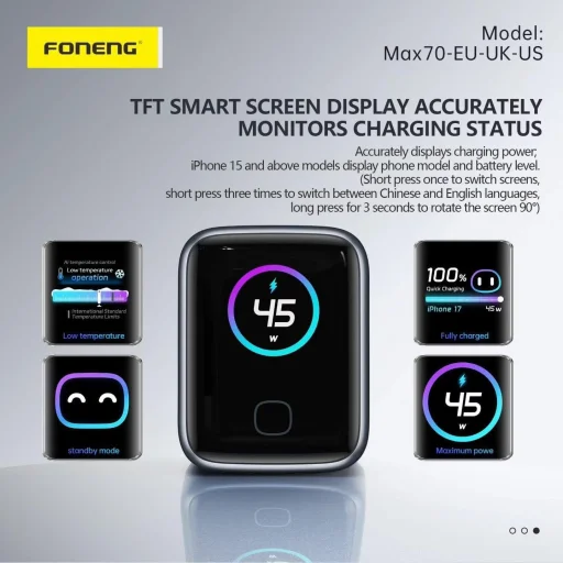 FONENG MAX70-EU GaN PD 45 W-os hálózati töltő TFT-kijelzővel és USB-C–USB-C kábellel, fekete - 5