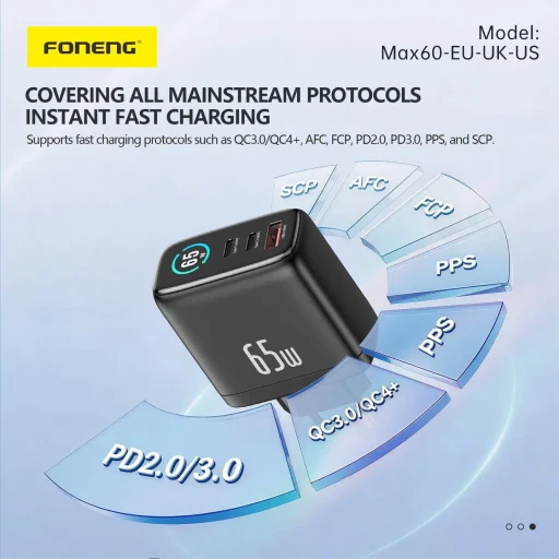 FONENG MAX60-EU GaN hálózati töltő TFT-kijelzővel, 65 W, USB-C–USB-C kábellel, fekete - 4
