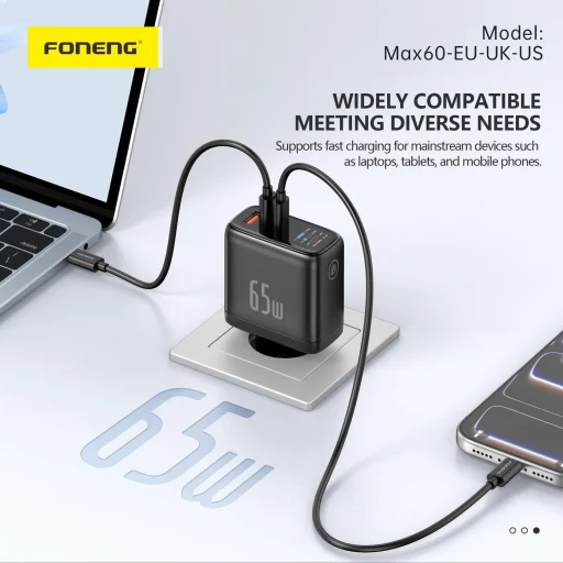 FONENG MAX60-EU GaN hálózati töltő TFT-kijelzővel, 65 W, USB-C–USB-C kábellel, fekete - 5