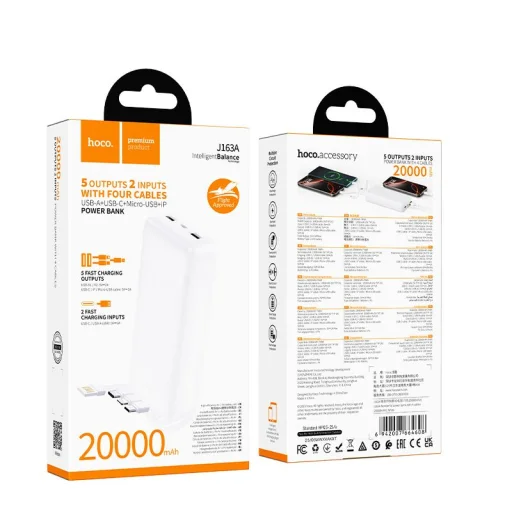Hoco J163A 20 000 mAh külső akkumulátor négy beépített kábellel, fehér - 5