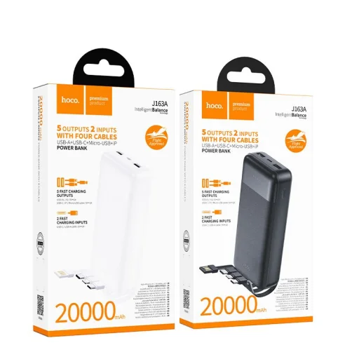 Hoco J163A 20 000 mAh külső akkumulátor négy beépített kábellel, fehér - 6
