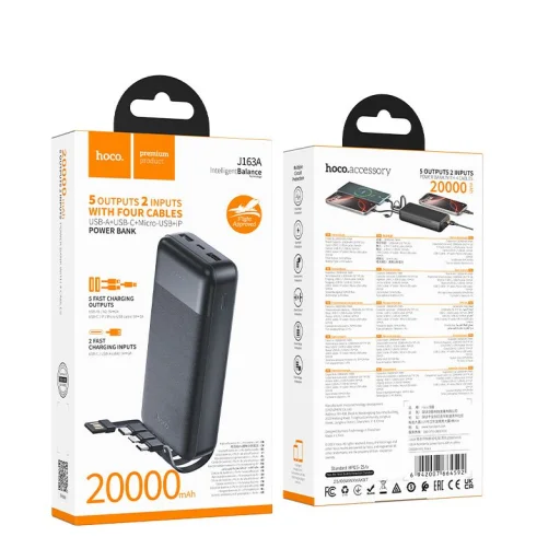 Hoco J163A 20 000 mAh külső akkumulátor négy beépített kábellel, fekete - 6