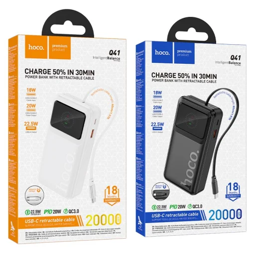 Hoco Q41 20 000 mAh külső akkumulátor behúzható USB-C kábellel, 22,5 W, fehér - 6
