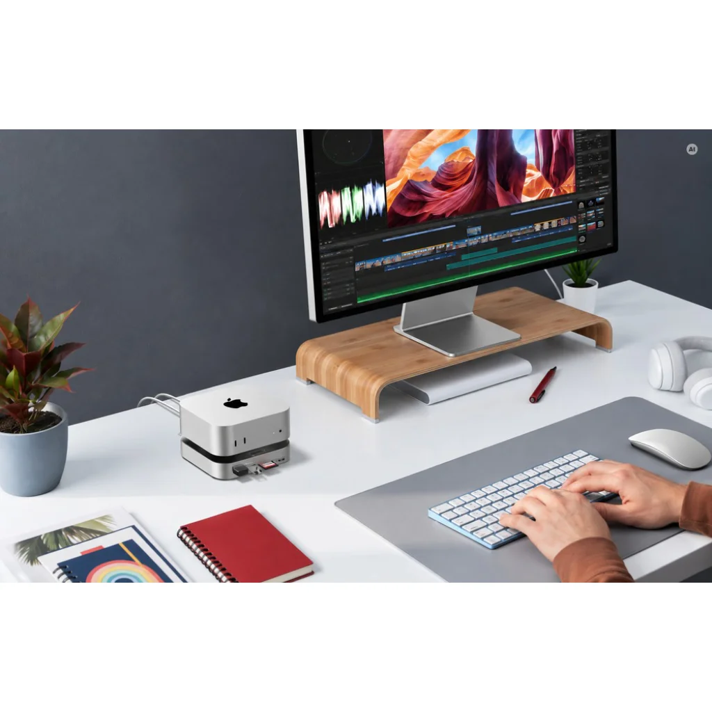 UGREEN CM841B Revodok Pro dokkoló Mac mini alatt, videószerkesztő munkaasztalon, csatlakoztatott kiegészítőkkel
