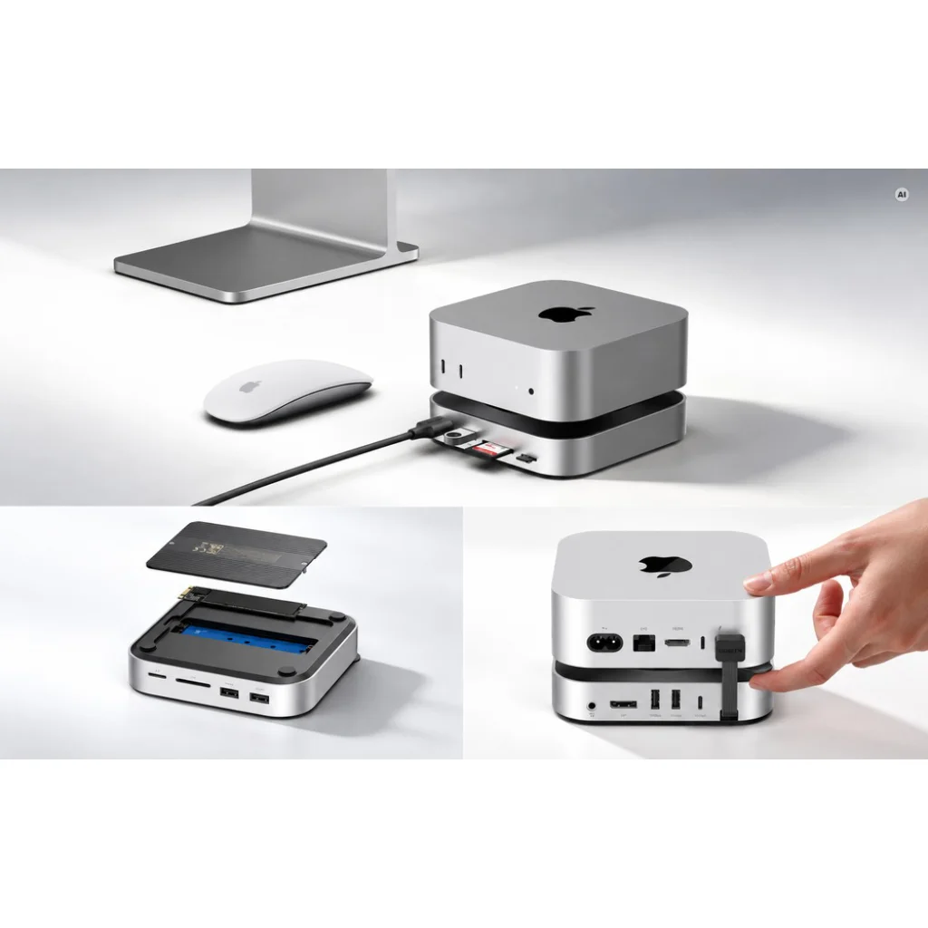UGREEN CM841B Revodok Pro részletképei elülső csatlakozókkal, nyitott SSD-rekesszel és a Mac mini hátuljához vezetett rövid kábellel