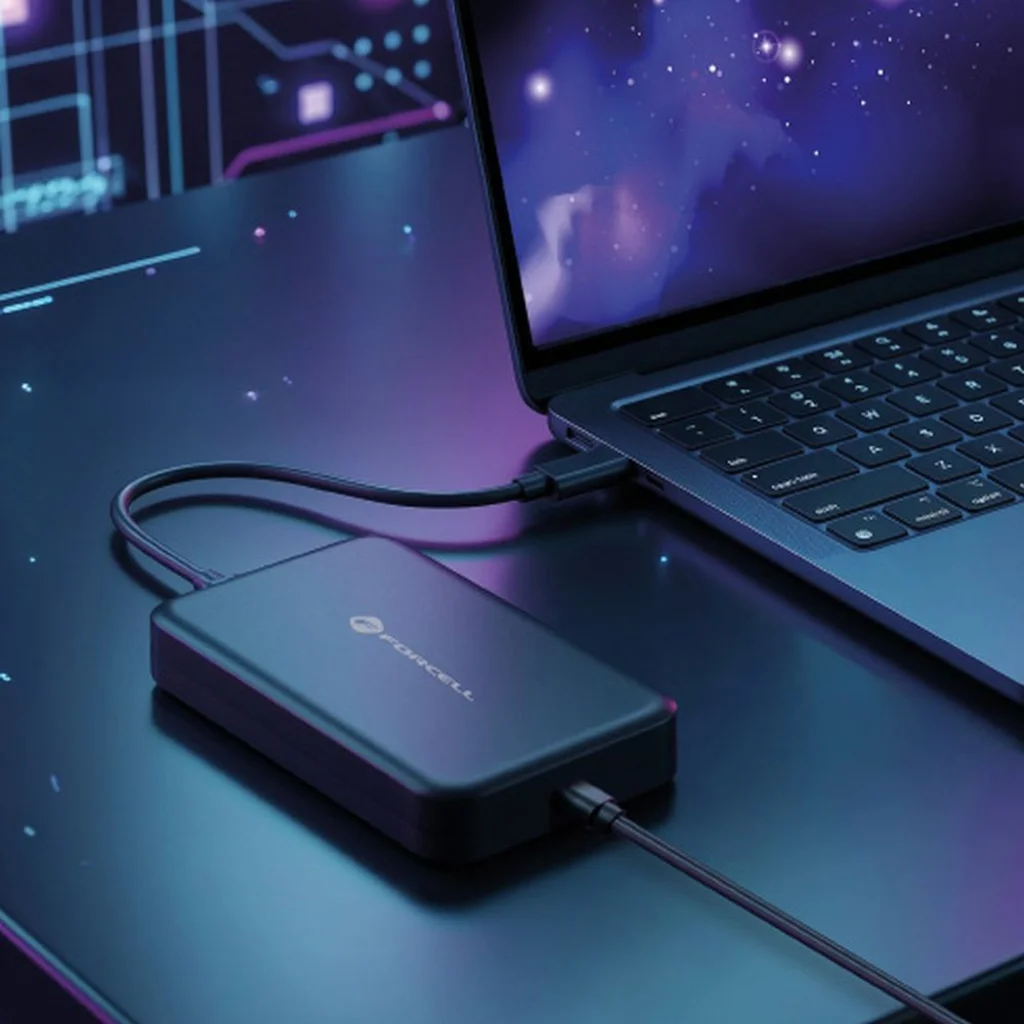 FORCELL F-ENERGY E856 laptoptöltő asztalon, USB-C kábellel laptophoz csatlakoztatva