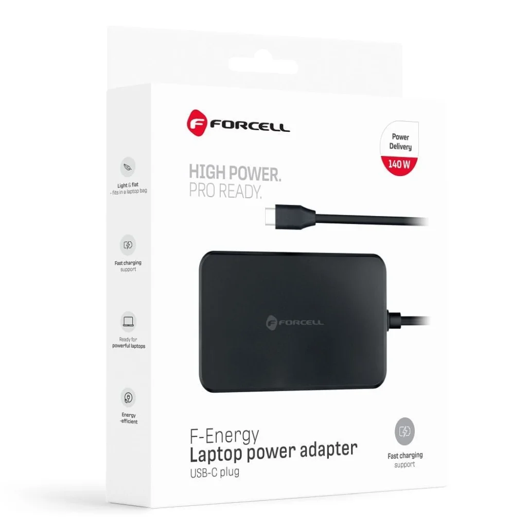 FORCELL F-ENERGY E856 laptoptöltő doboza elölnézetből, USB-C és 140 W Power Delivery jelöléssel