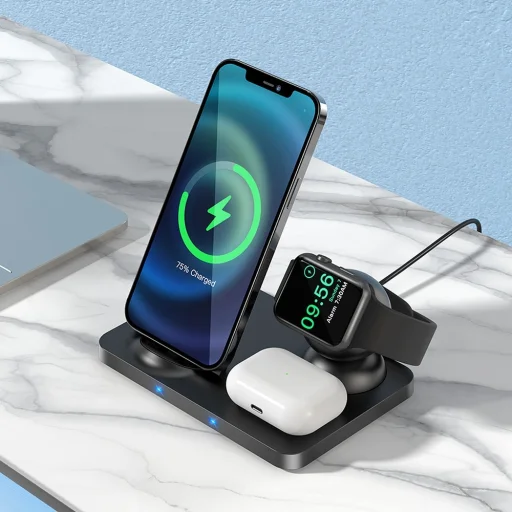 Hoco Vezeték nélküli Qi töltő 3in1 LED Telefon + Airpods + Apple Watch töltésére CW33 fekete - 7