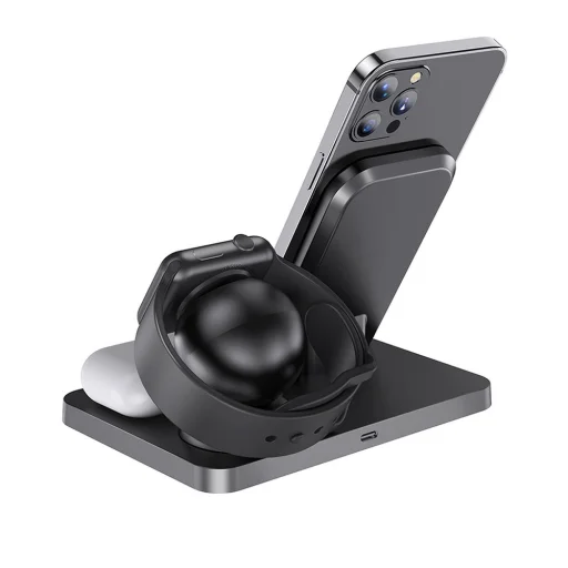 Hoco Vezeték nélküli Qi töltő 3in1 LED Telefon + Airpods + Apple Watch töltésére CW33 fekete - 5