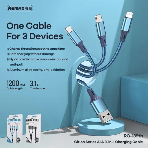 Remax 3in1 USB - Lightning 8-pin + Type C + Micro USB 3.1A fekete - 2