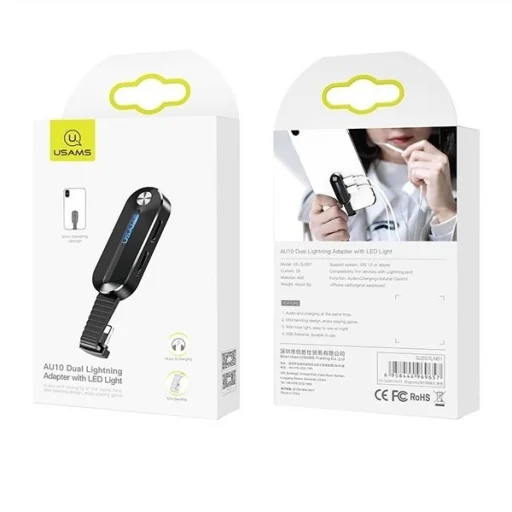 Usams Lightning elosztó adapter és hátlapi gyűrű alakú tartó LED kijelzővel fekete - 2