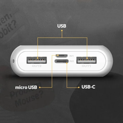 Kivee Powerbank 10000mAh USB + Micro USB + USB-C Mouse, fehér - 5