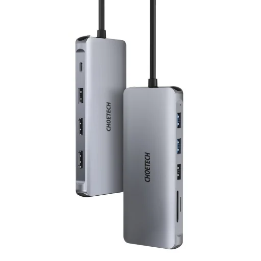 Choetech 12 in1 USB Type-C HUB - USB Type C Thunderbolt 3 100W / 2x HDMI + 1x DisplayPort 4K @ 60Hz / 2x USB 3.2 Gen 1 / 2x USB 2.0 / SD and microSD card reader / RJ45 Ethernet 1Gbps / 3.5 mm mini jack szürke - 6