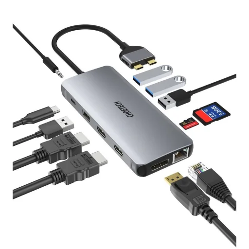 Choetech 12 in1 USB Type-C HUB - USB Type C Thunderbolt 3 100W / 2x HDMI + 1x DisplayPort 4K @ 60Hz / 2x USB 3.2 Gen 1 / 2x USB 2.0 / SD and microSD card reader / RJ45 Ethernet 1Gbps / 3.5 mm mini jack szürke - 2