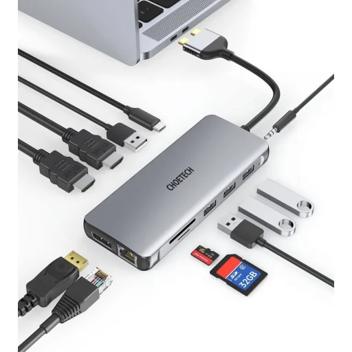 Choetech 12 in1 USB Type-C HUB - USB Type C Thunderbolt 3 100W / 2x HDMI + 1x DisplayPort 4K @ 60Hz / 2x USB 3.2 Gen 1 / 2x USB 2.0 / SD and microSD card reader / RJ45 Ethernet 1Gbps / 3.5 mm mini jack szürke - 3