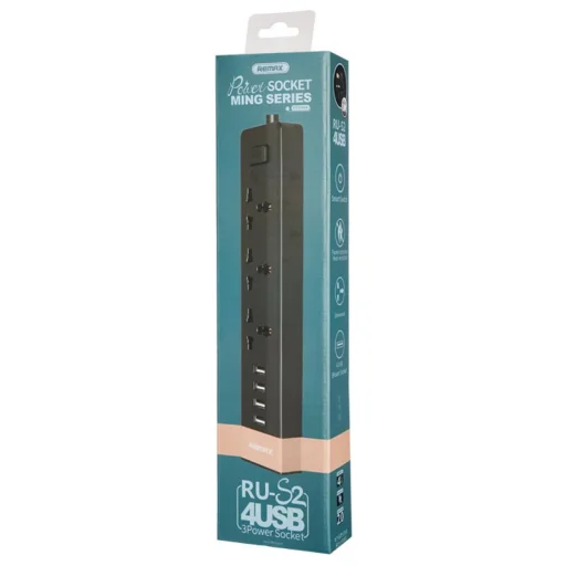 Remax 4xUSB és 3 hálózati aljzat elosztó RU-S2 fekete EU - 2