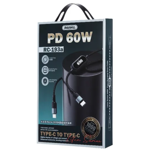 Remax Litxn USB Type-C - USB Type-C kábel 60W PD áramerősség kijelzéssel 1m fekete (RC-193a) - 3