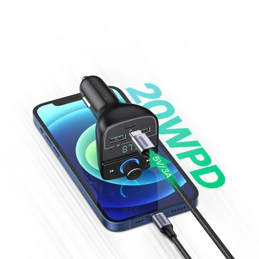 Ugreen FM Transmitter Bluetooth 5.0 és autós telefon töltő 3xUSB, TF, SD kártyaolvasó 4.8A fekete (CD229) - 4