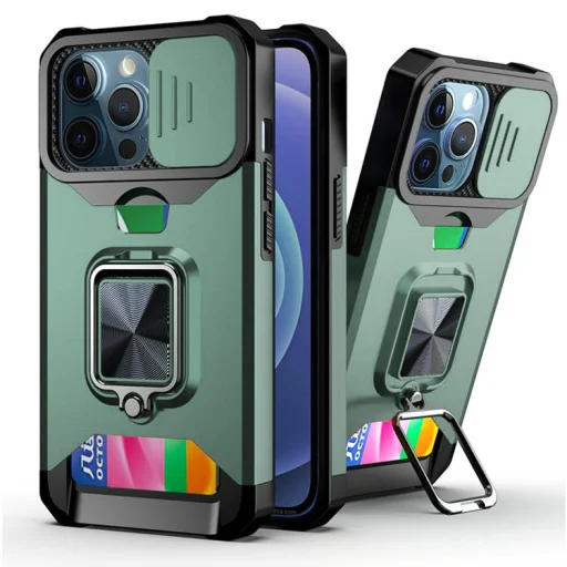 iPhone 13 mini Ring Armor tok kameralencse védővel, kihajtható támasszal, kártyatartóval sötétzöld (ip-13-mini-ring-armor-dark-green) - 1