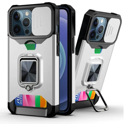 iPhone 13 mini Ring Armor tok kameralencse védővel, kihajtható támasszal, kártyatartóval ezüst (ip-13-mini-ring-armor-silver) - 1