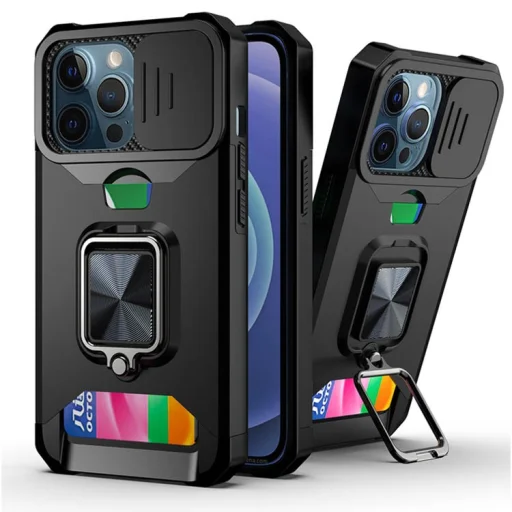 iPhone 13 Pro Max Ring Armor tok kameralencse védővel, kihajtható támasszal, kártyatartóval fekete (ip-13-pro-max-ring-armor-black) - 1