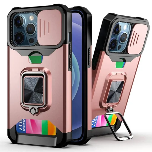 iPhone 13 mini Ring Armor tok kameralencse védővel, kihajtható támasszal, kártyatartóval rózsaszín (ip-13-mini-ring-armor-pink) - 1