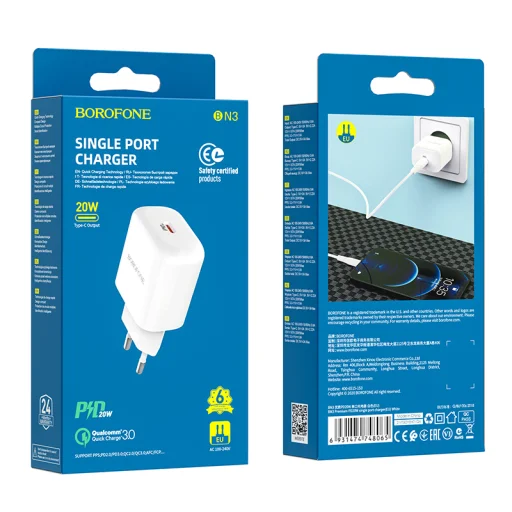 Borofone BN3 Hálózati USB töltő USB Type-C QC 3.0 PD 2.0 20W fehér - 2