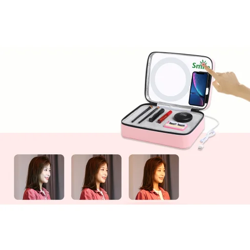 PULUZ PU516F kozmetikai, sminkes táska tükörrel, LED körfény világítással, telefontartóval (rózsaszín) - 6