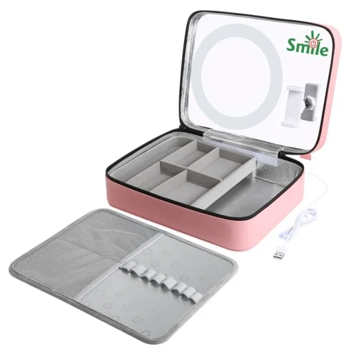 PULUZ PU516F kozmetikai, sminkes táska tükörrel, LED körfény világítással, telefontartóval (rózsaszín) - 2