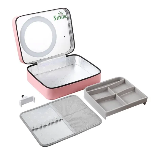 PULUZ PU516F kozmetikai, sminkes táska tükörrel, LED körfény világítással, telefontartóval (rózsaszín) - 3