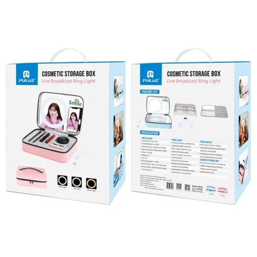 PULUZ PU516F kozmetikai, sminkes táska tükörrel, LED körfény világítással, telefontartóval (rózsaszín) - 4