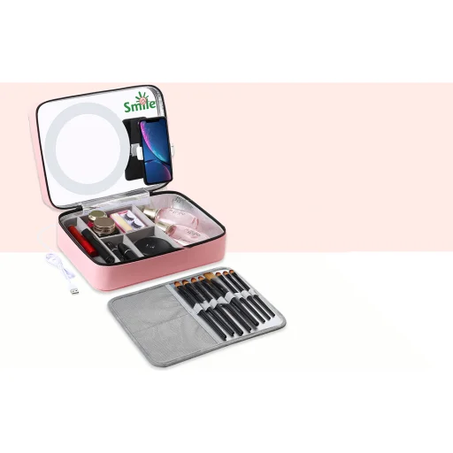 PULUZ PU516F kozmetikai, sminkes táska tükörrel, LED körfény világítással, telefontartóval (rózsaszín) - 5