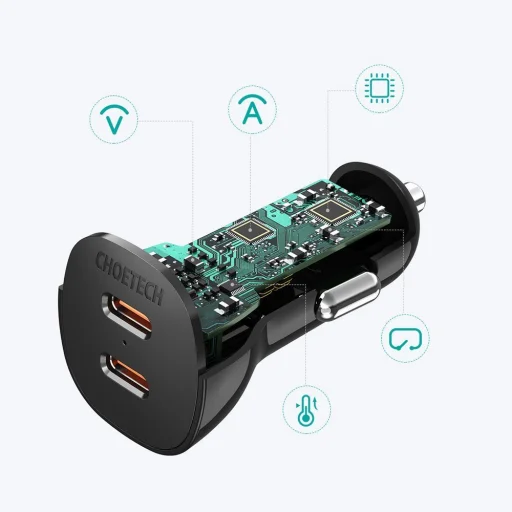 Choetech autós szivargyújtós gyorstöltő 2x USB Type C 40W FCP AFC fekete (TC0008) - 8