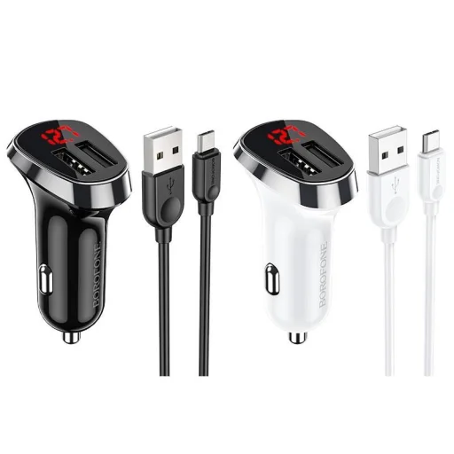 Borofone BZ15 Univerzális autós töltő LCD 2.4A 2x USB + Micro USB kábel 1m fehér - 6