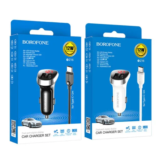 Borofone BZ15 Univerzális autós töltő LCD 2.4A 2x USB + Micro USB kábel 1m fehér - 10