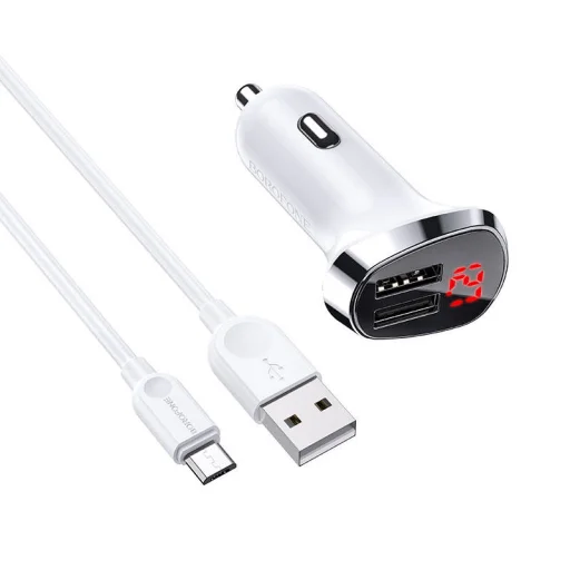 Borofone BZ15 Univerzális autós töltő LCD 2.4A 2x USB + Micro USB kábel 1m fehér - 1