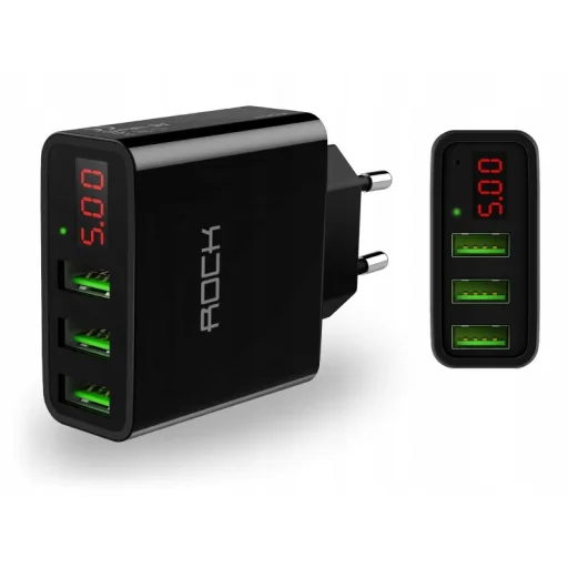 ROCK T14 hálózati, fali USB töltő adapter digitális kijelzővel  3 USB porttal fekete - 2