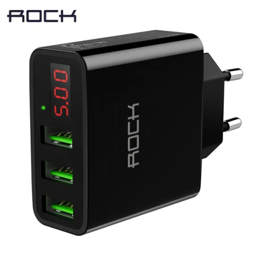 ROCK T14 hálózati, fali USB töltő adapter digitális kijelzővel  3 USB porttal fekete - 1