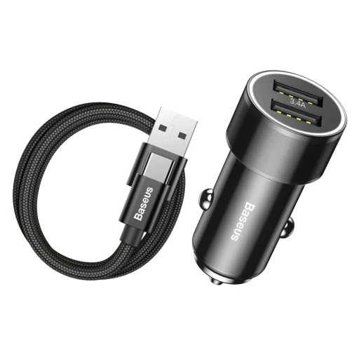 Baseus univerzális autós szivargyújtós töltő 2 USB aljzattal fekete színben - 1