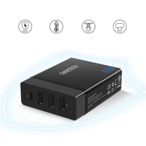 Choetech Hálózati töltő adapter 3x USB / 1x USB Type C 60W PD fekete (PD72-1C3U) - 8