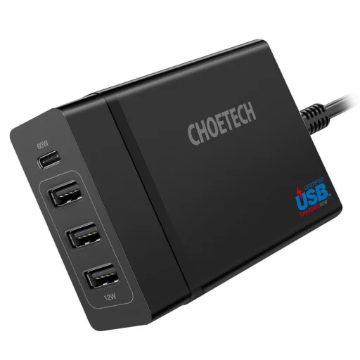 Choetech Hálózati töltő adapter 3x USB / 1x USB Type C 60W PD fekete (PD72-1C3U) - 4