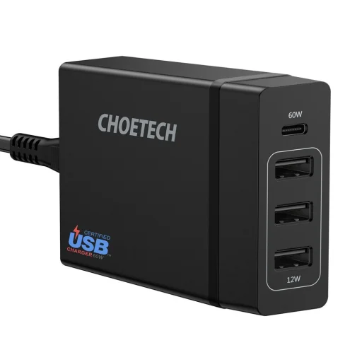 Choetech Hálózati töltő adapter 3x USB / 1x USB Type C 60W PD fekete (PD72-1C3U) - 1