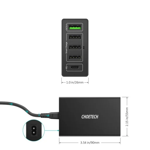 Choetech Hálózati töltő adapter 4x USB / 1x USB Type C 60W PD fekete (Q34U2Q-EU) - 3