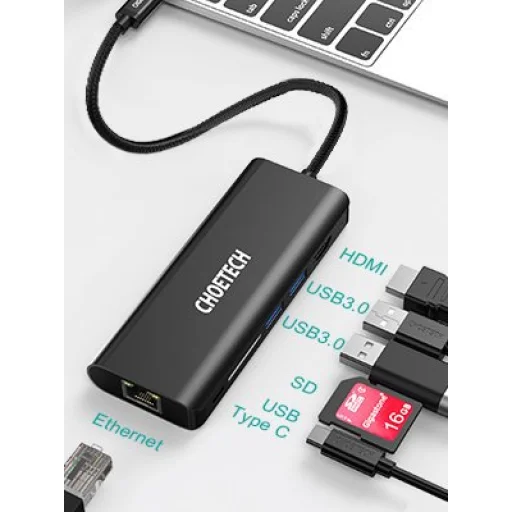 Choetech HUB adapter USB Type-C 6in1 100W PD fekete (HUB-M05) - 2
